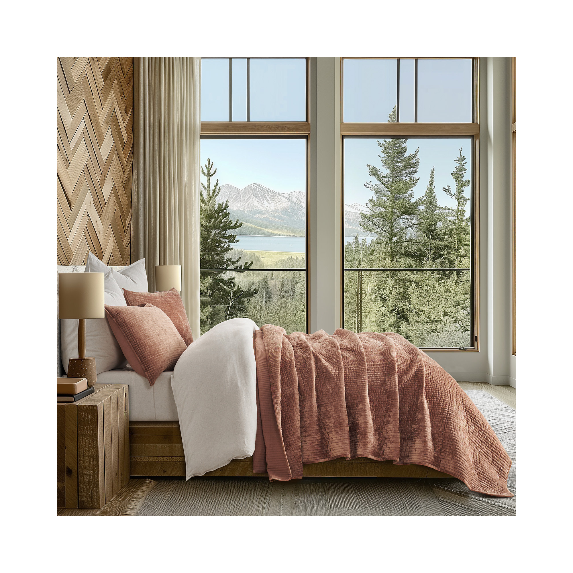 Striped Channel Velvet Quilt Set, Terracotta Clay, King