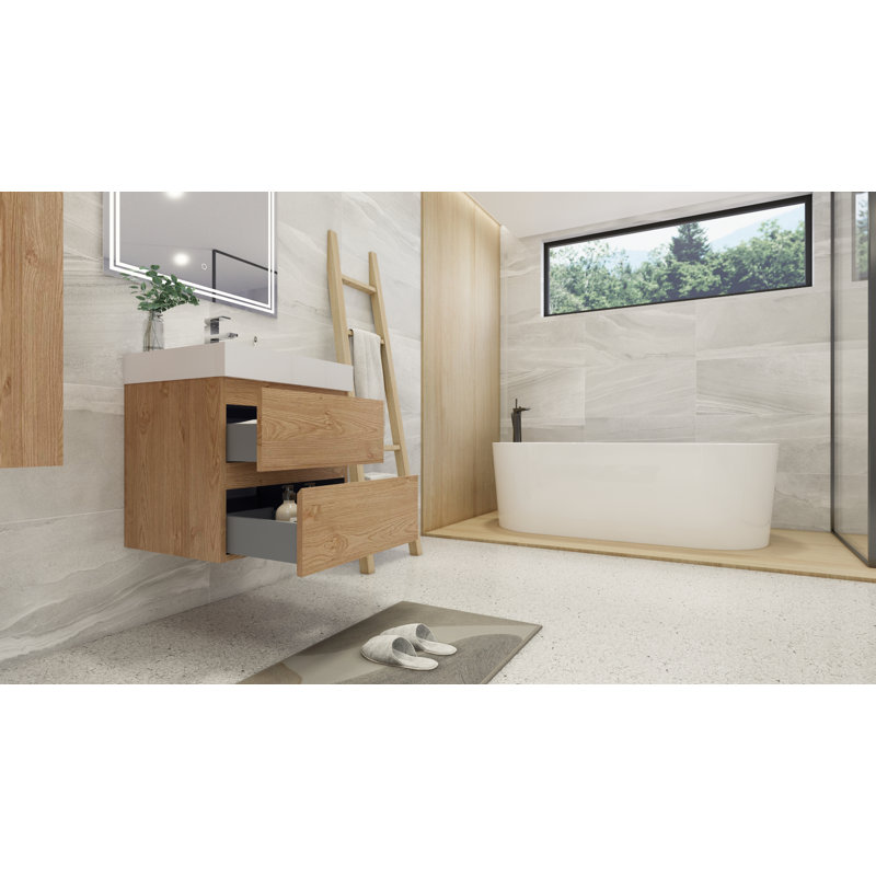 Arieyanna Single Bathroom Vanity with Wood, Acrylic Top, New England Oak