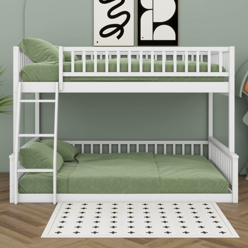 Full XL Over Queen Bunk Bed With Ladder And Guardrails, Wood Bunk Bed For Guestroom, Divided Into 2 Platform Beds