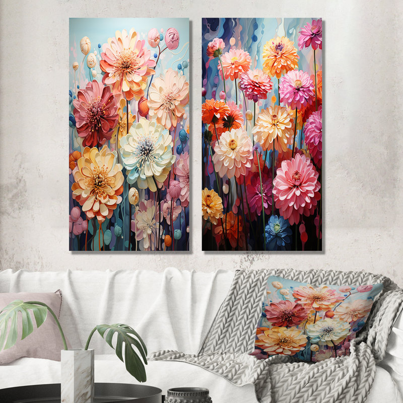 Ensemble de salon art mural Zinnias Mute Tone, H 28 po x l 25 po, Toile tendue