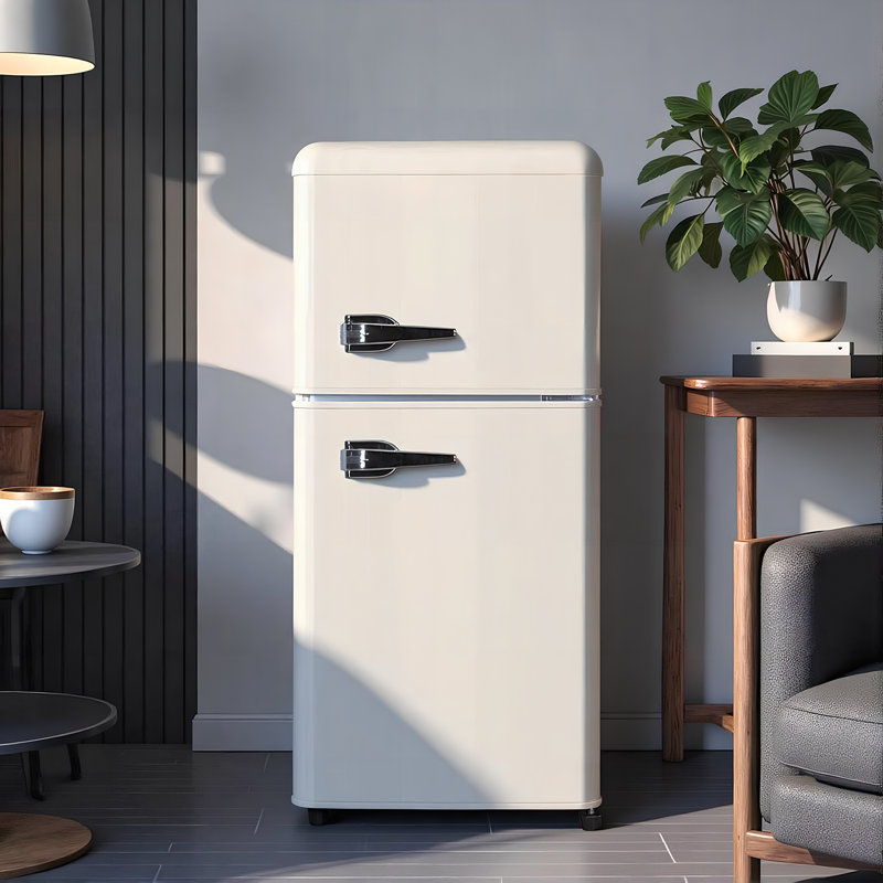 Petit réfrigérateur 3,5 pi³ à deux portes avec congélateur et 7 tablettes réglables amovibles pour thermostat, Crème
