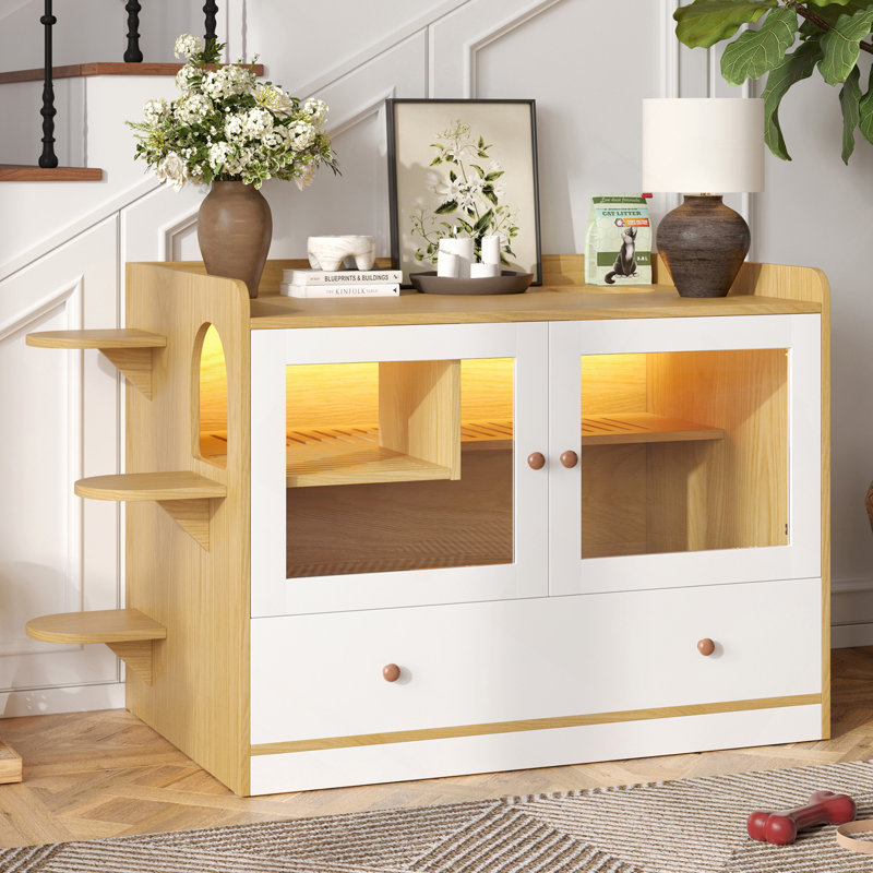 Enceinte de litière pour chat, meuble de litière cachée pour chat avec tiroir et escalier, salle de bain pour chat pour chambre à coucher, table d'appoint pour chat pour salon, 