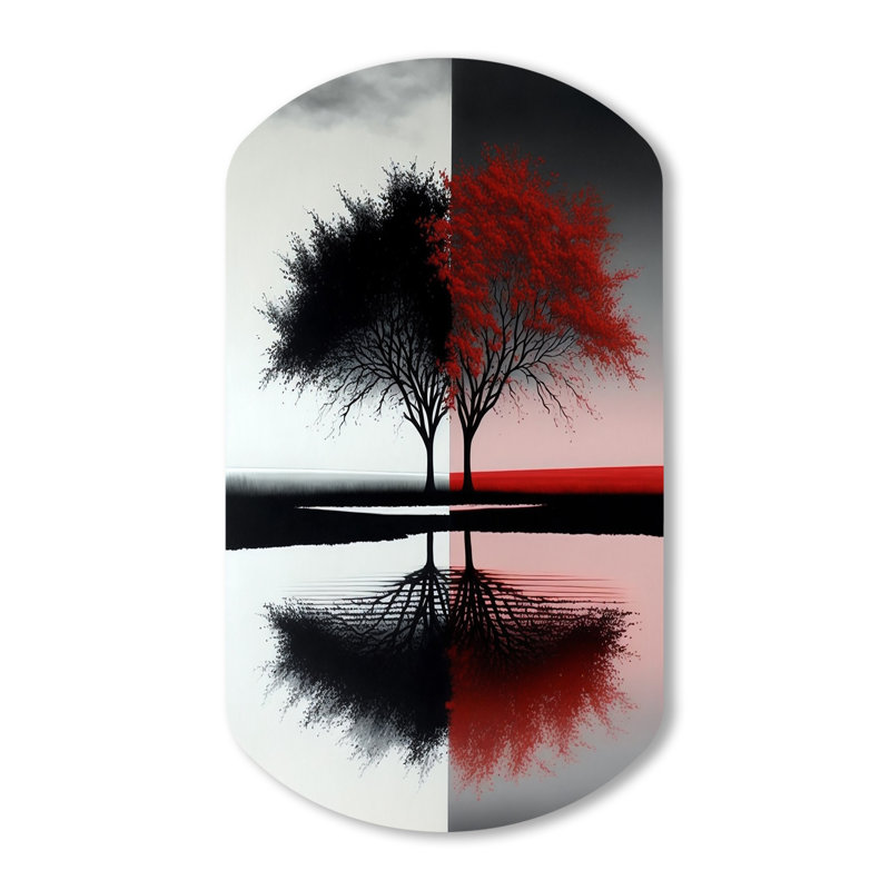 «Red and Black Abstract Trees By The Lake - Landscape Forest Shape Cylinder Assymterical Metal Art mural, H 31 po x l 19 po