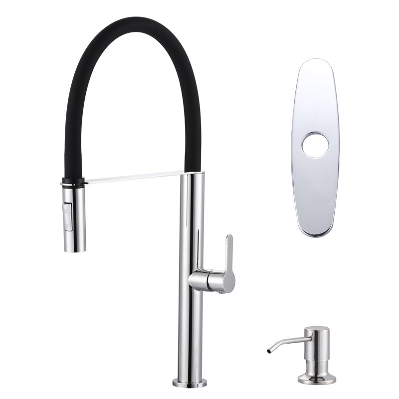 Stainless Steel 2-Function Single Handle Pull Out Kitchen Faucet With 17 Oz Soap Dispenser, Polished Chrome