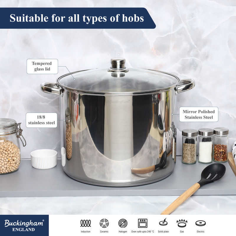 Buckingham Stainless Steel Deep Stock Pot with Glass Lid Induction Compatible  , 19 L