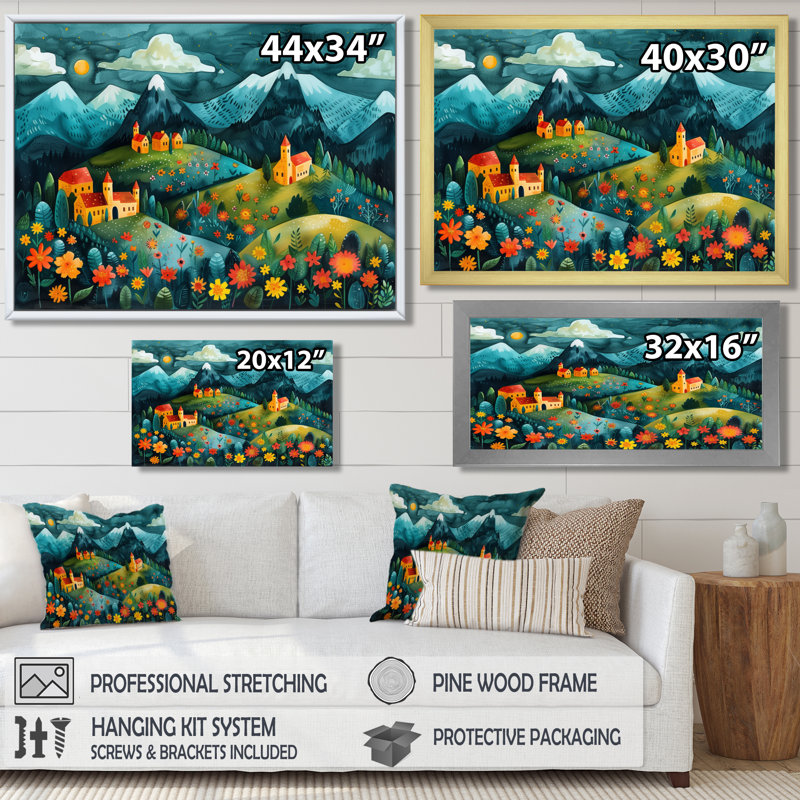 «Blue Red Summer Mountain Village Dream», reproduction d'art mural de ferme, Cadre flottant doré, H 16 po x l 32 po