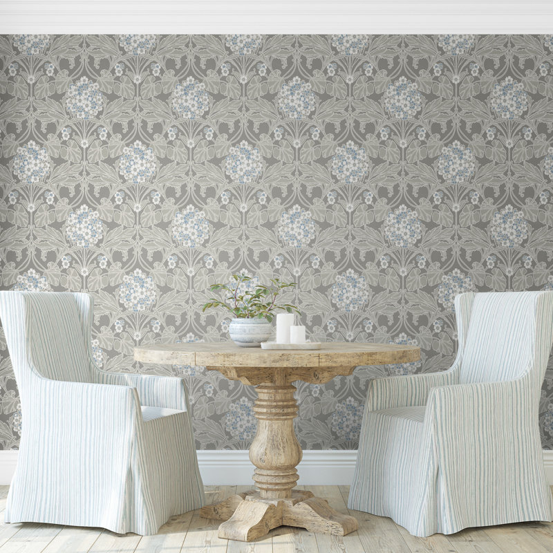 Mamadou Floral Hydrangea 10.05 m x 53 cm Wallpaper Roll, Grey/Taupe/Blue/White