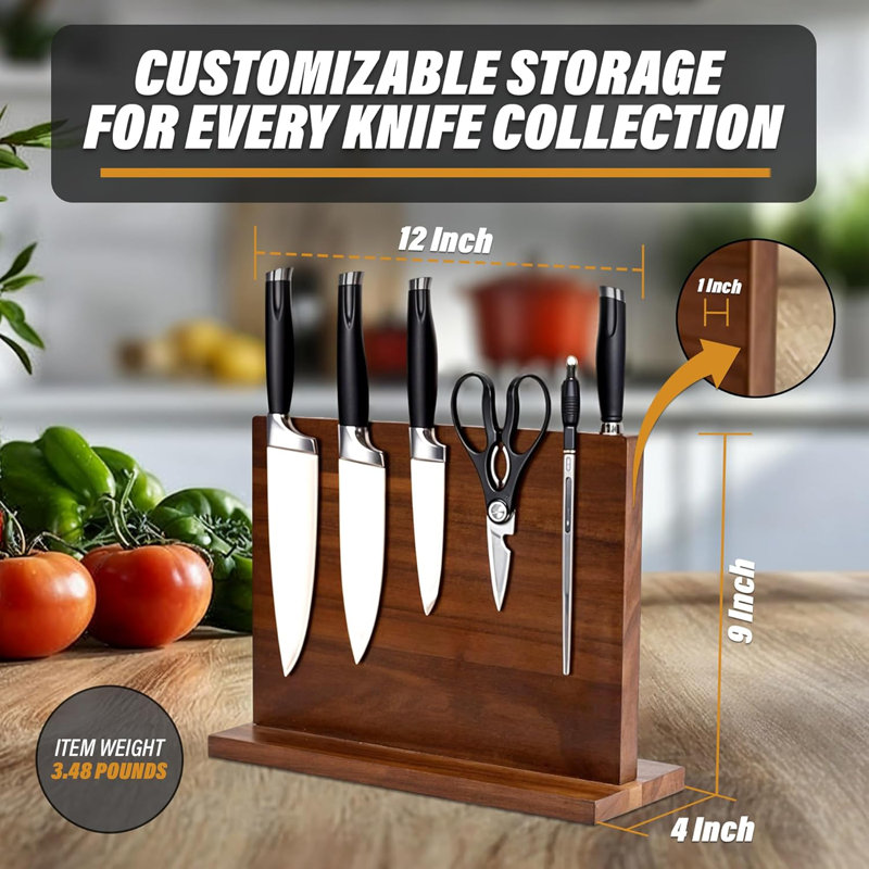Porte-couteaux en bois magnétique, support à deux côtés avec aimants améliorés pour un rangement multifonctionnel des couteaux de cuisine, élégant, durable et solide