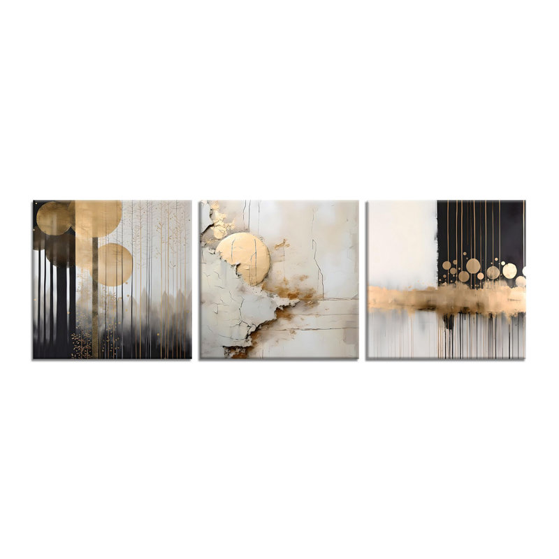 Elegant Decorative Canvas Painting Set (3 Pieces), Gold & Black, 11.8 x 11.8 inches Each | 50% Cotton / 50% Polyester with 100% Wooden Frames (Thickness: 0.8 inches) | Stunning Wall Art for Modern Home Décor