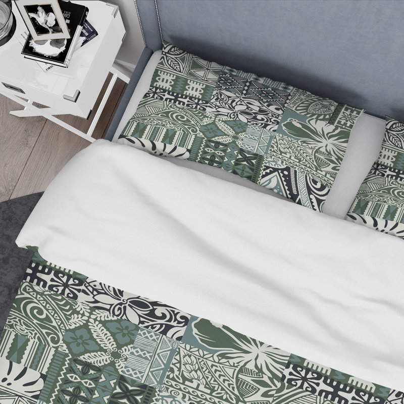 Green Tapa Patchwork - Ensemble de housse de couette à motif, Housse de couette pour grand lit et 2 taies décor