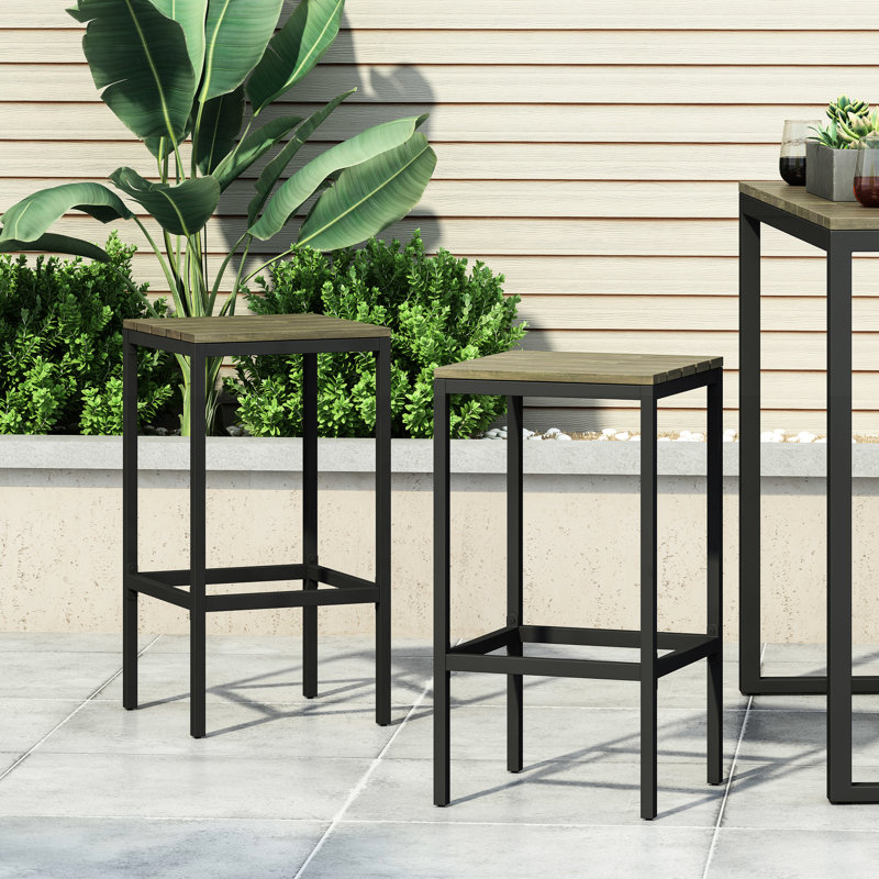 Tabourets de bar modernes en bois, 2 pièces Gris et noir. Structure en métal avec siège à lattes pour l'extérieur. 16 x 16 x 30 pouces industriel 2. Finition, cadre. Espaces. 16,35 po x 16,35 po x 29,42 po