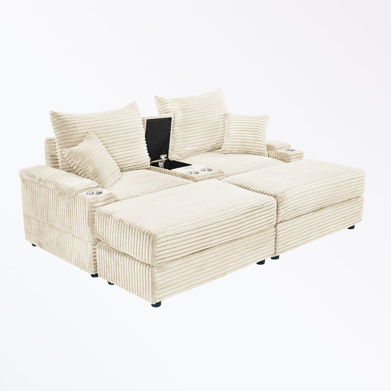 Causeuse avec rangement caché, porte-gobelet et deux repose-pieds, Beige
