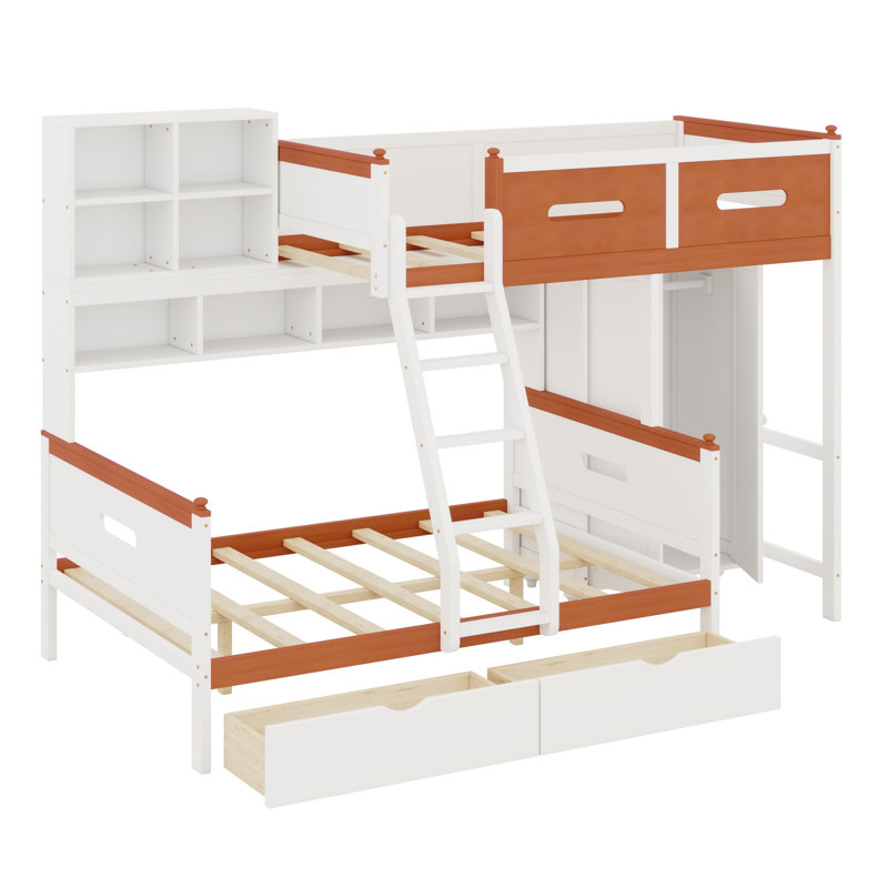 Lit superposé avec armoire, tiroirs de rangement et tablettes