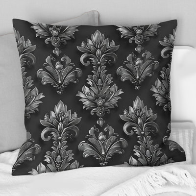 Black Silver Damask Print II - Traditional Throw Pillow