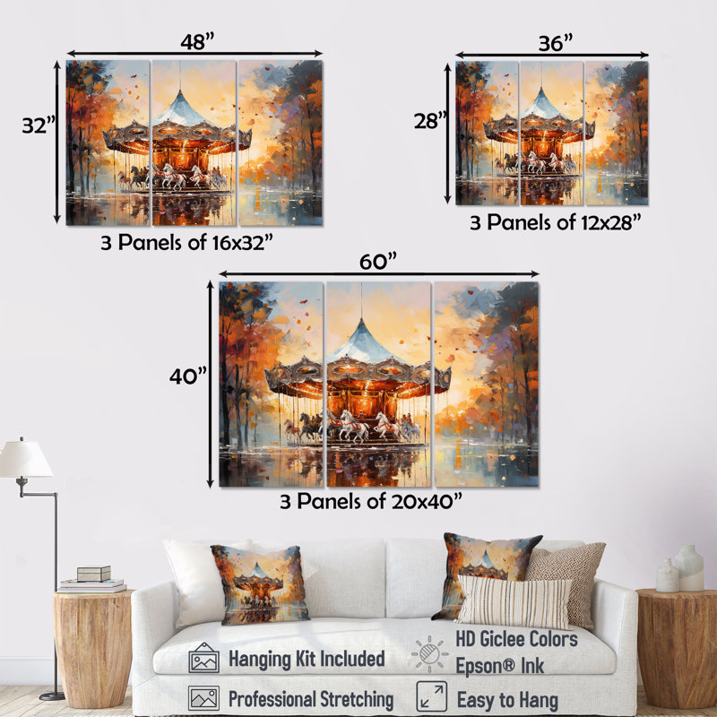 Carousel In Sunset Charm - ensemble d'art sur toile Carousel, H 32 po x l 48 po