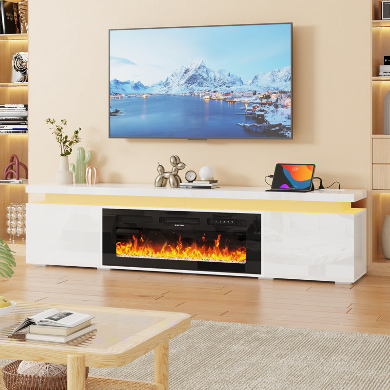 LED TV Stand With 40" Fireplace For Tvs Up To 80", Charging Station/Power Outlet Included, White, 20.4''H x 82.7''L x 15.4''W