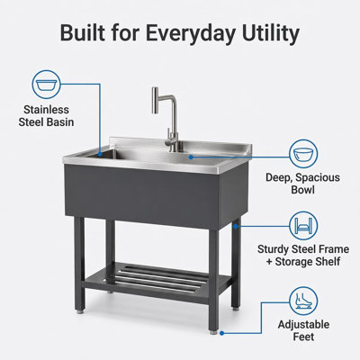 Bassin utilitaire autoportant en acier inoxydable - Grand bol simple avec robinet d'eau chaude et froide de type T - Bassin de préparation commerciale pour cuisine, garage, salle de lavage, restaurant - 36 x 20 x 39 po (noir)