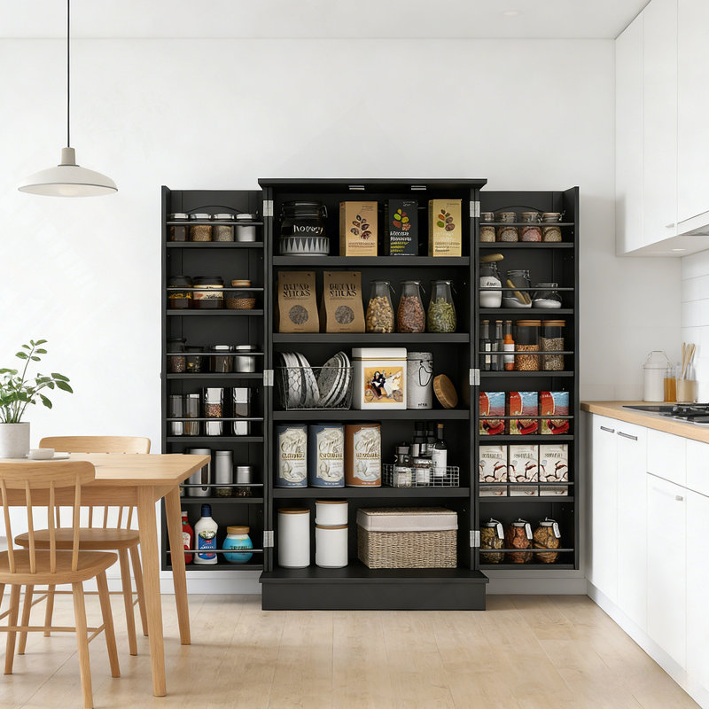 Armoire de cuisine moderne avec 5 étagères et 12 étagères à épices pour un rangement intelligent et sécuritaire., Noir