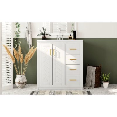 30'' Bathroom Vanity : Ceramic Sink, Solid Wood Frame, Soft - Closing Hinges, , 3 Drawers, Ample Storage, Retro Style, Exquisite Metal Handles With Boards, Handles, Fashion