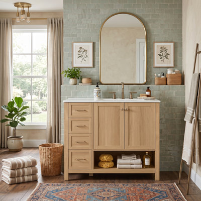 Meuble-lavabo moderne de 91 cm avec lavabo en céramique, armoire de rangement en bois massif avec tiroirs et tablette ouverte (blanc/noir/gris/bois naturel)