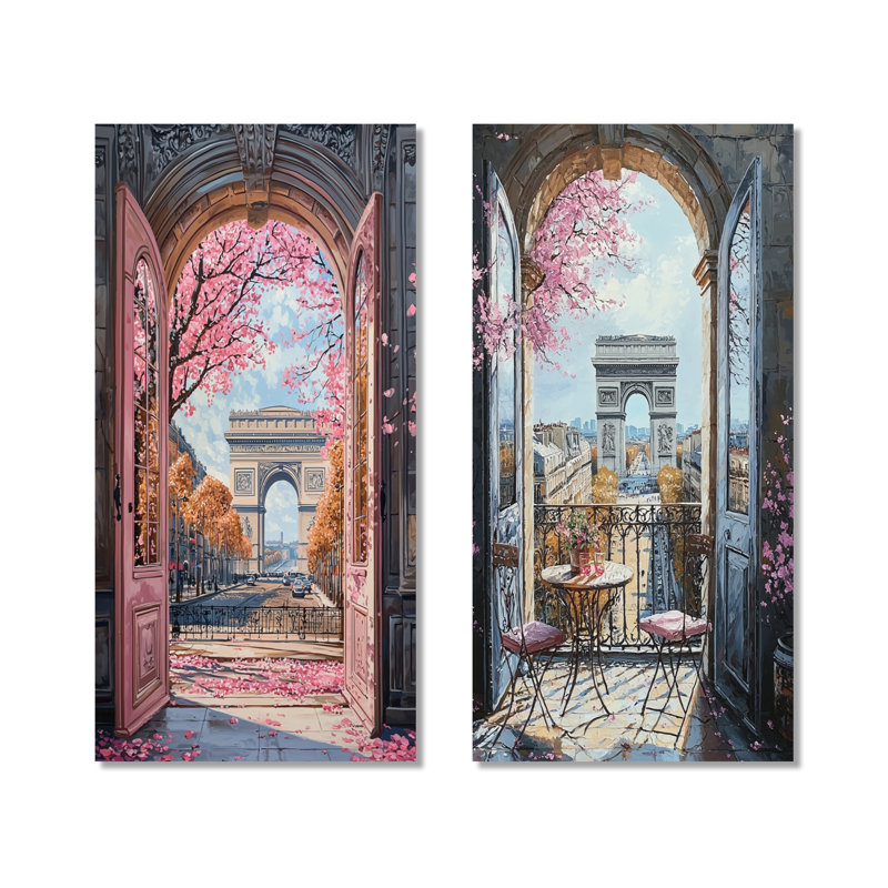 «Pink Arc De Triomphe Windows View I - Paris», ensemble de 2 reproductions d'art mural en métal, 32" H x 32" W