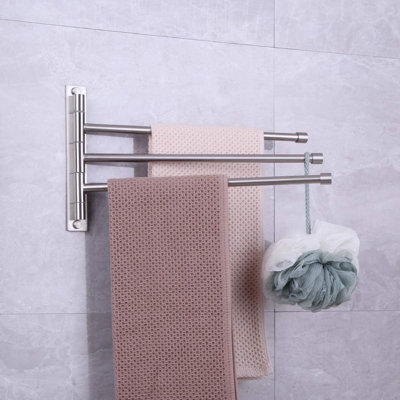 Stainless Steel 3-Bar Folding Towel Rack With 180-Degree Swivel, Rustproof Wall-Mounted Bathroom Organizer, Brushed Finish