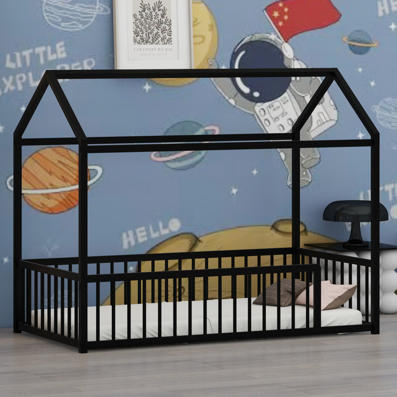 Structure de lit Montessori facile à assembler en forme de maison ludique avec enceinte, Lit simple, Noir