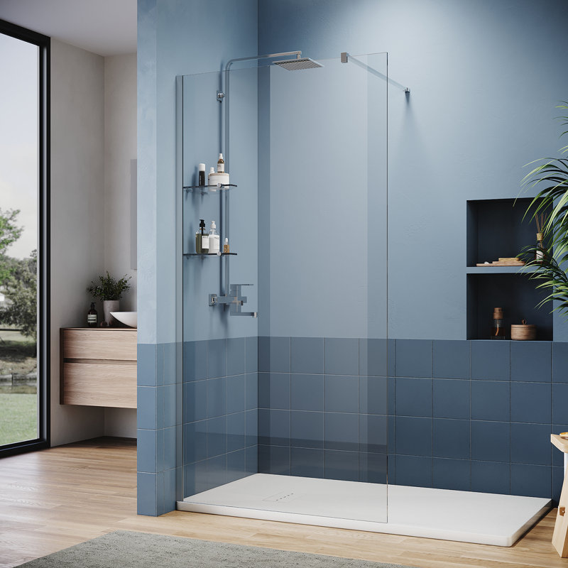 28"W x 74"H Frameless Shower Screen with 8mm Clear Tempered Glass and Double Glass Shelves, Chrome, Chrome