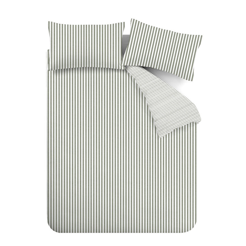 Brushed Stripe Cotton Reversible Duvet Cover Set, Green, Single Duvet Cover + 1 Standard Pillowcase