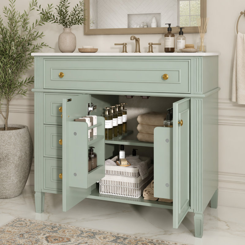Meuble-lavabo autoportant de 36 pouces avec lavabo en céramique, armoire de rangement en bois massif et panneau de fibres à densité moyenne avec tiroir inclinable, charnières à fermeture en douceur et glissières en métal lisses pour la rénovation de la salle de bain