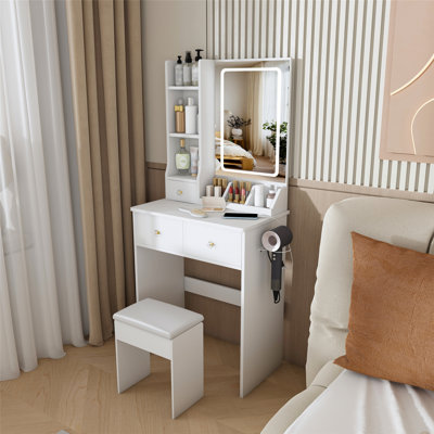Bureau de coiffeuse avec tiroirs et tablettes de rangement, coiffeuse avec support pour sèche-cheveux et prise de courant, une coiffeuse