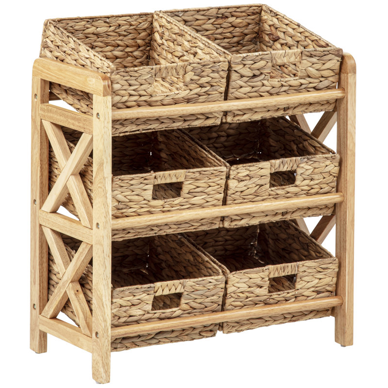 3 Tier Wood Frame Storage Stand With 6 Woven Water Hyacinth Baskets