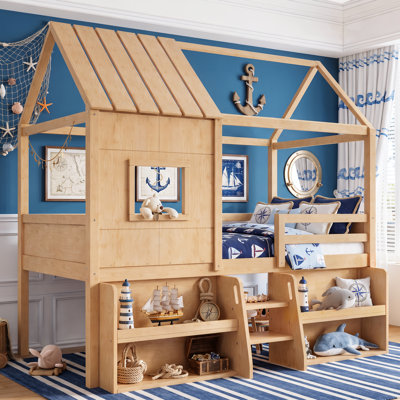 Lit mezzanine simple de style maison certifié PCC avec tablettes et escaliers de rangement intégrés, toit et fenêtre de maison de jeu, lit mezzanine pour enfants, aucun sommier requis, bois naturel