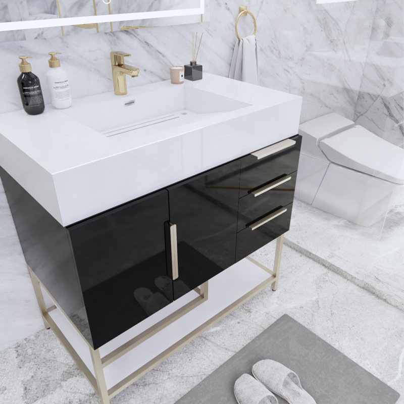 Ensemble de meuble-lavabo simple 36 po Glasgow, Noir ultrabrillant, Blanc brillant