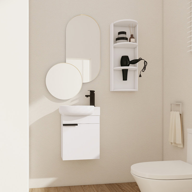 Meuble-lavabo à fermeture en douceur avec lavabo et support de rangement, 16 po pour petite salle de bain, Blanc brillant