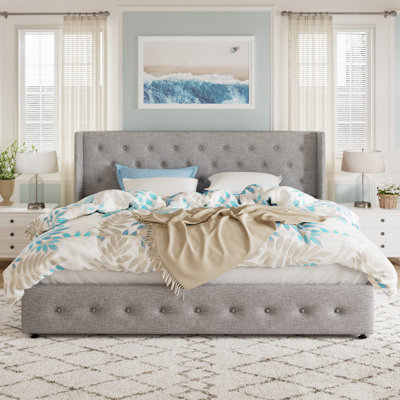 Bertile Upholstered Metal Wingback Storage Bed
