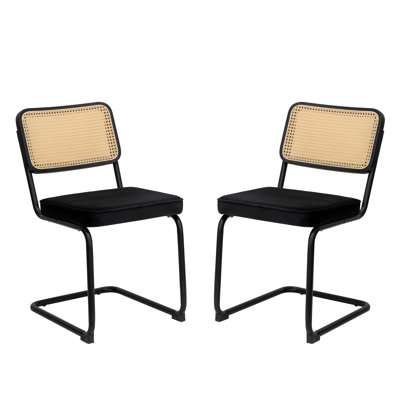 Ensemble de 4 chaises de salle à manger, chaises d'appoint latérales en rotin de velours avec pieds chromés, chaises modernes de style Mid-Century conçues par Breuer, chaises de cuisine de salle à manger rembourrées (noir - 4 pièces)