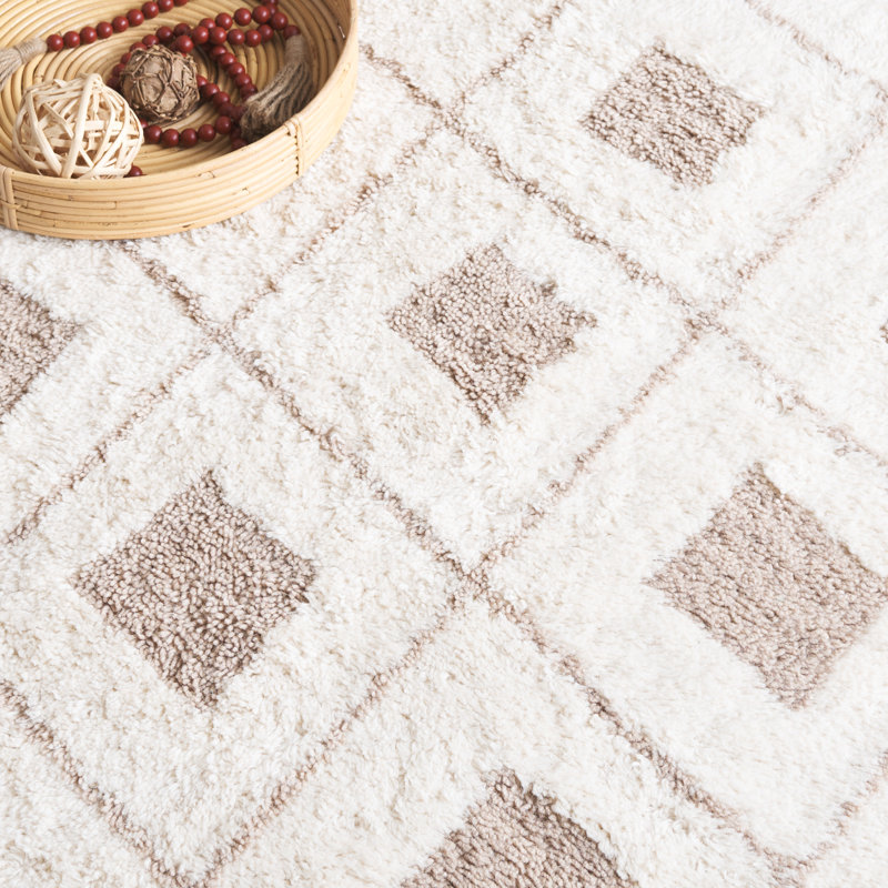 Tapis géométrique en laine / beige touffeté à la main Werther, Tapis de couloir 2 pi 3 po x 8 pi