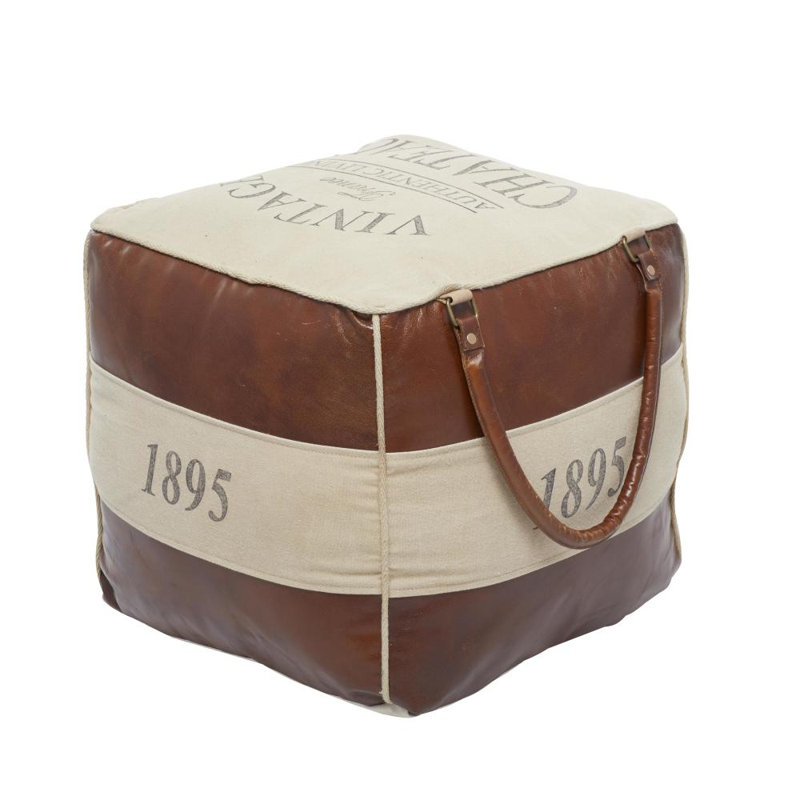 Brown Canvas Text Stuffed Pouf with Leather Accents