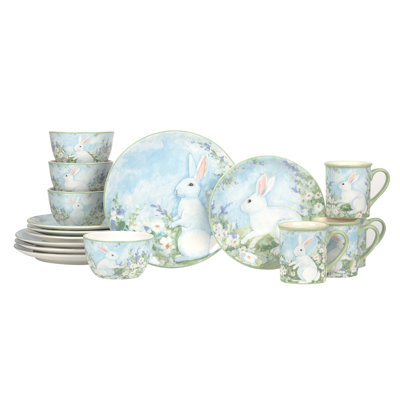 Certified International Easter Morning 16pc Dinnerware Set Of 4 Dinner Plates 4 Dessert Plates 4 Mugs 4 Ice Cream Bowls In White;green