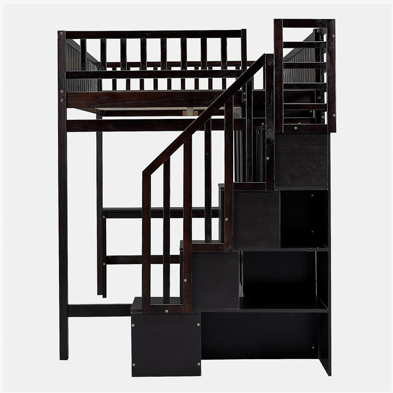 Lit mezzanine double avec bibliothèque, tiroirs, bureau et garde-robe espresso