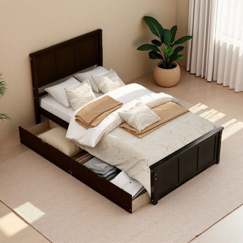 Lit plateforme avec rangement, 2 tiroirs avec roulettes, structure simple, Espresso
