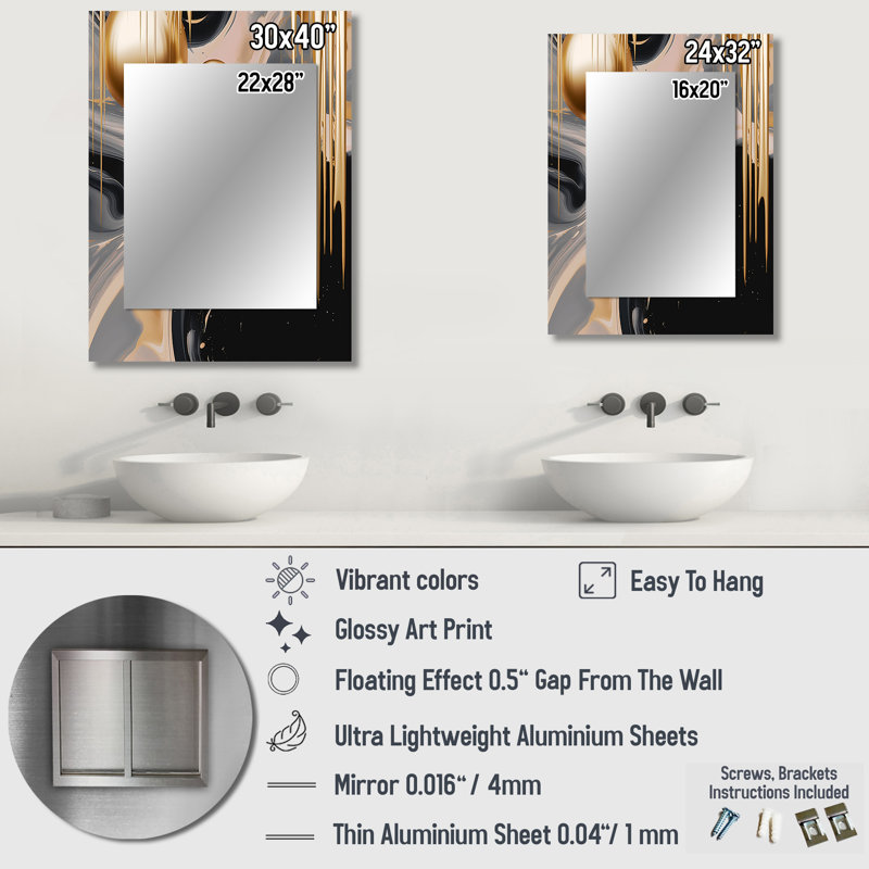 Gold and Black Mystic MÚlange I - Abstract Shapes Unique Mirror, Modern Large Wall Mirror, Printed Metal Art, 32" x 24"