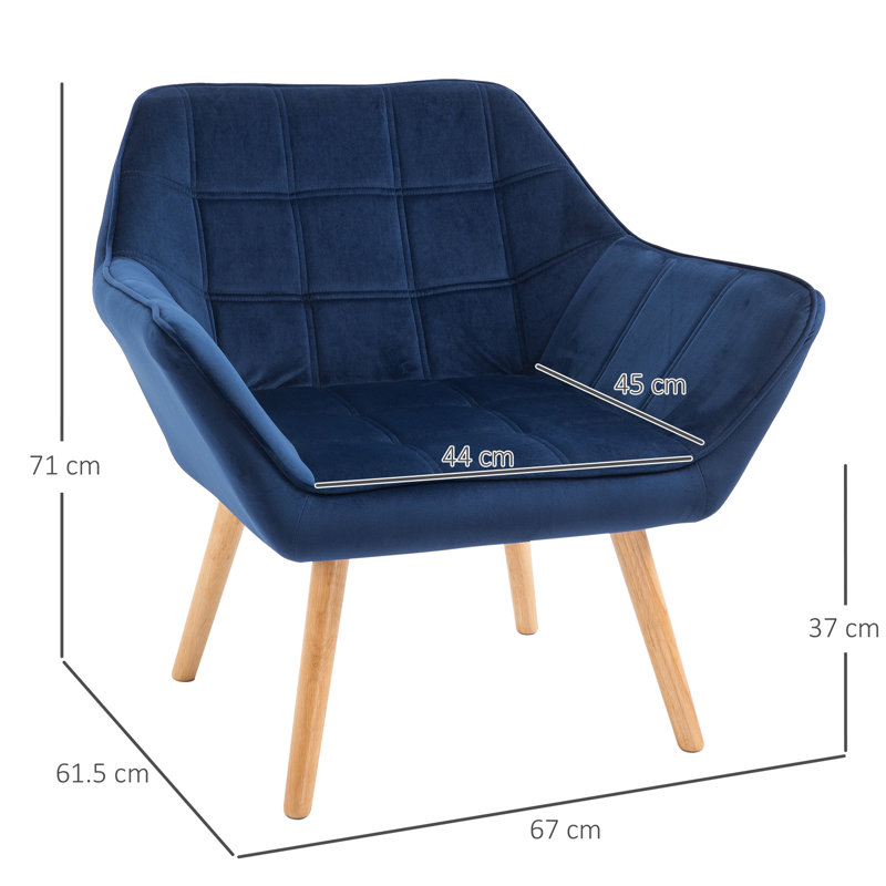 Modern Armchair, Accent Chair With Wide Arms, Slanted Back And Rubber Wood Legs For Living Room, Bedroom, Home Office, Blue