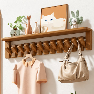 Walnut Brown Wall Mounted Coat Rack with Display Shelf and 10 Flip-Down Hooks