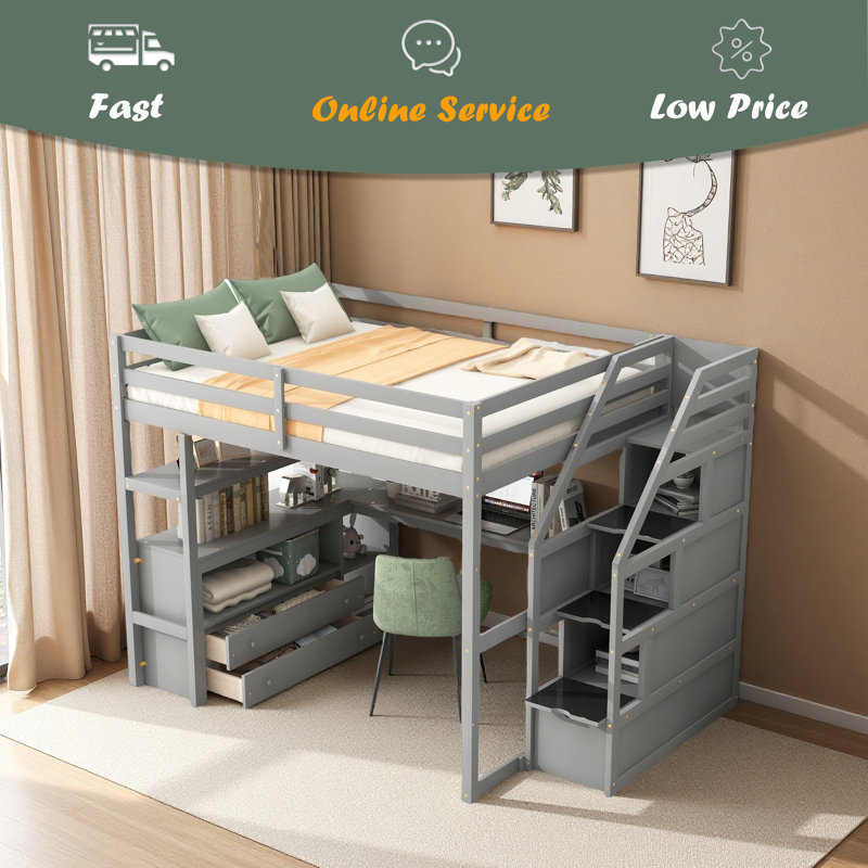 Lit mezzanine double avec bureau et tablettes, Gris