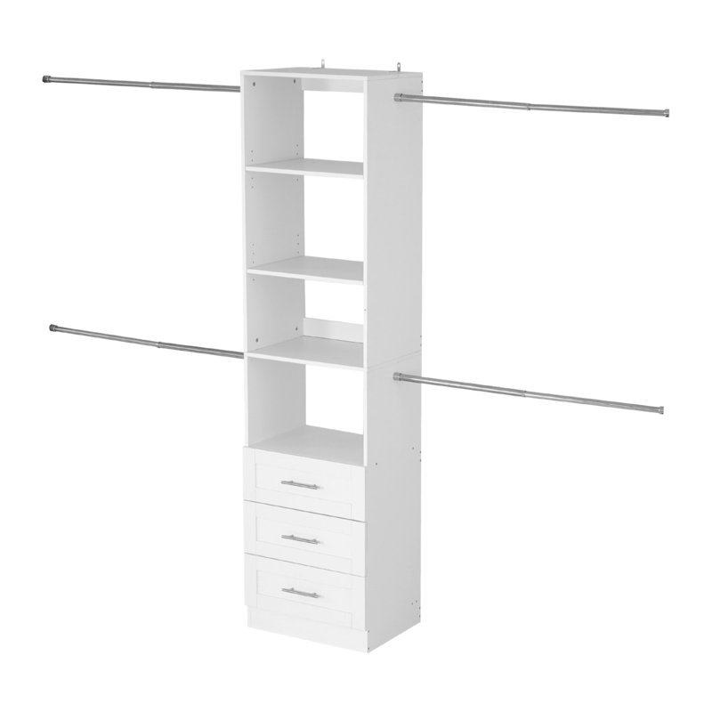 Système de placard avec 3 tiroirs, organisateurs de placard en bois à hauteur réglable, rangement pour garde-robe moderne avec 4 tringles à vêtements rétractables, porte-vêtements autoportant, blanc