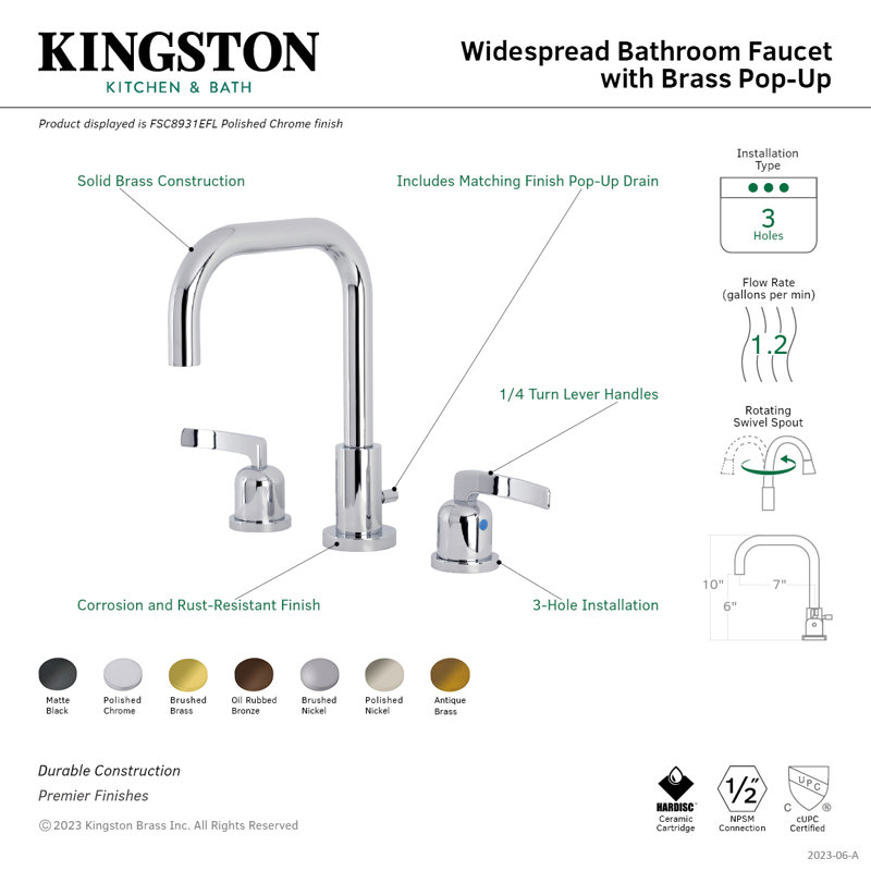 Kingston Brass Centurion Two-Handle 3-Hole Deck Mount Widespread Bathroom Faucet with Brass Pop-Up Drain