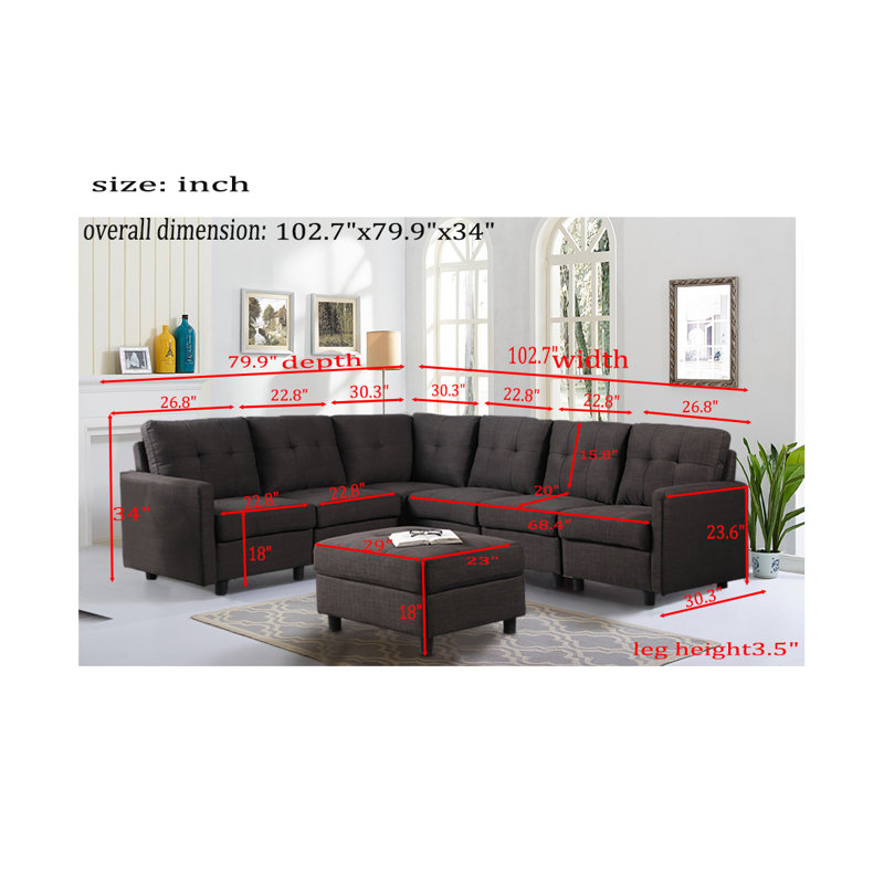 Modular Sofa & Chaise with Ottoman, Dark Gray Linen