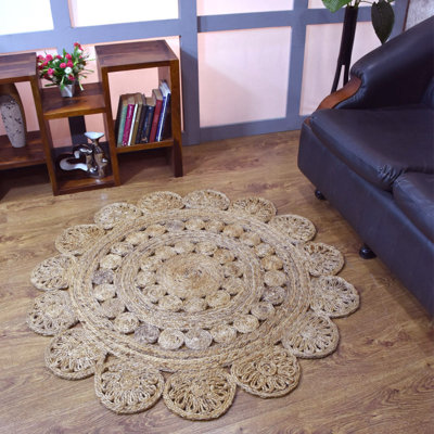 Heller Hand Woven Jute Eco-Friendly Solid Area Rugs - Round, Beige Color, Oriental Design, Low Pile, Natural Fiber, Outdoor Indoor Handmade Area Rugs for Living Room, Bed Room